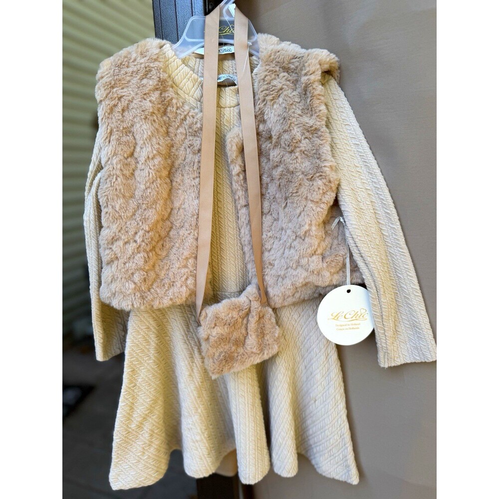 Le Chic Girls 4 Beige Fit & Flare Long Sleeve Knee Dress Faux Fur Vest Set
